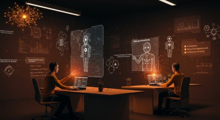 Equipo de startup interactuando con agentes autónomos de IA generativa usando Google Interactions API, destacando optimización de costos y seguridad.