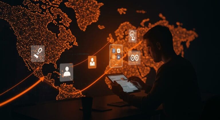 Desarrollador Android analizando interfaces de apps y enlaces externos en Google Play, destacando nuevas tarifas y monetización para el crecimiento SaaS en Estados Unidos.