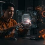 Founder tecnológico interactuando con la avanzada inteligencia artificial GPT-5.2 de OpenAI en entorno startup.