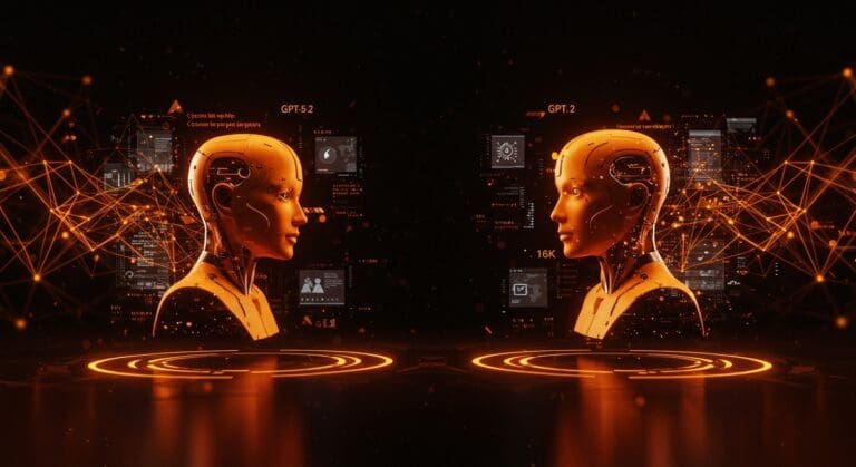 Comparativa visual entre GPT-5.2 de OpenAI y Google Gemini 3 en un entorno digital que simboliza la revolución de la inteligencia artificial para startups tecnológicas.