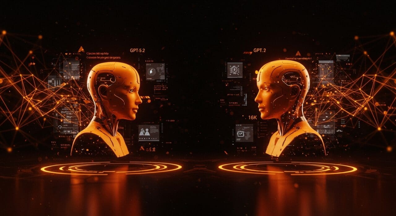 Comparativa visual entre GPT-5.2 de OpenAI y Google Gemini 3 en un entorno digital que simboliza la revolución de la inteligencia artificial para startups tecnológicas.