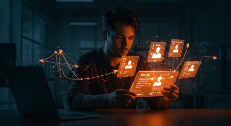 Founder tech revisando perfiles de redes sociales para cumplimiento de visa H-1B en contexto de inmigración y seguridad nacional en tecnología.