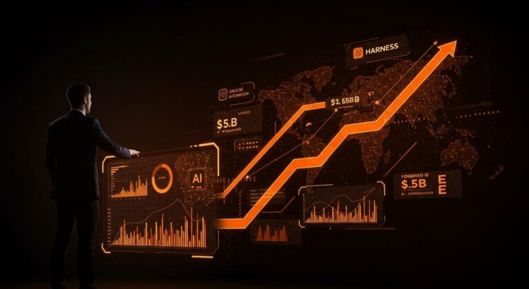 Líder empresarial frente a interfaz digital con IA aplicada y automatización resaltando la financiación Serie E y valoración de $5.5B de Harness.