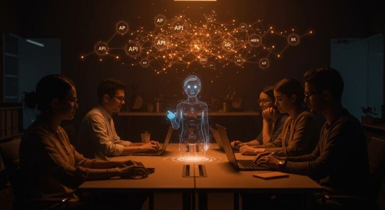 Asistente AI avanzado interactuando en tiempo real en un ambiente startup, destacando inteligencia artificial, APIs y automatización en salud.