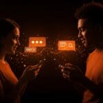 IA aplicada en Hinge para conversaciones personalizadas y auténticas en apps de citas, ilustración con usuarios y redes neuronales abstractas.