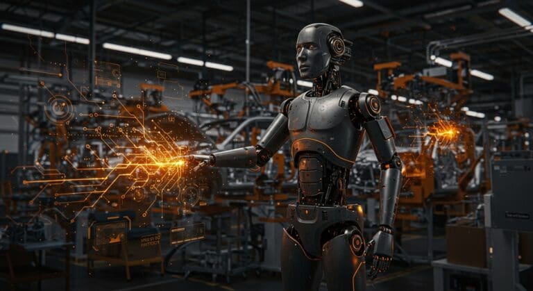 Robot humanoide HMND 01 Alpha en fábrica automatizada, representando innovación en automatización industrial y IA aplicada en la industria automotriz.