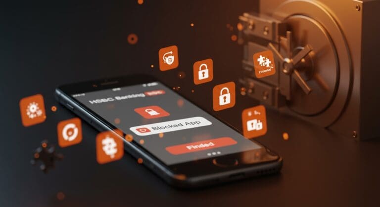 Bloqueo de app bancaria HSBC en móvil por Bitwarden desde F-Droid, ilustrando retos de seguridad móvil y privacidad en fintech Latinoamérica.