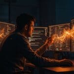 Fundador de startup frente a pantallas digitales con código de IA, simbolizando desafíos y seguridad en la producción de agentes de código para entornos empresariales.