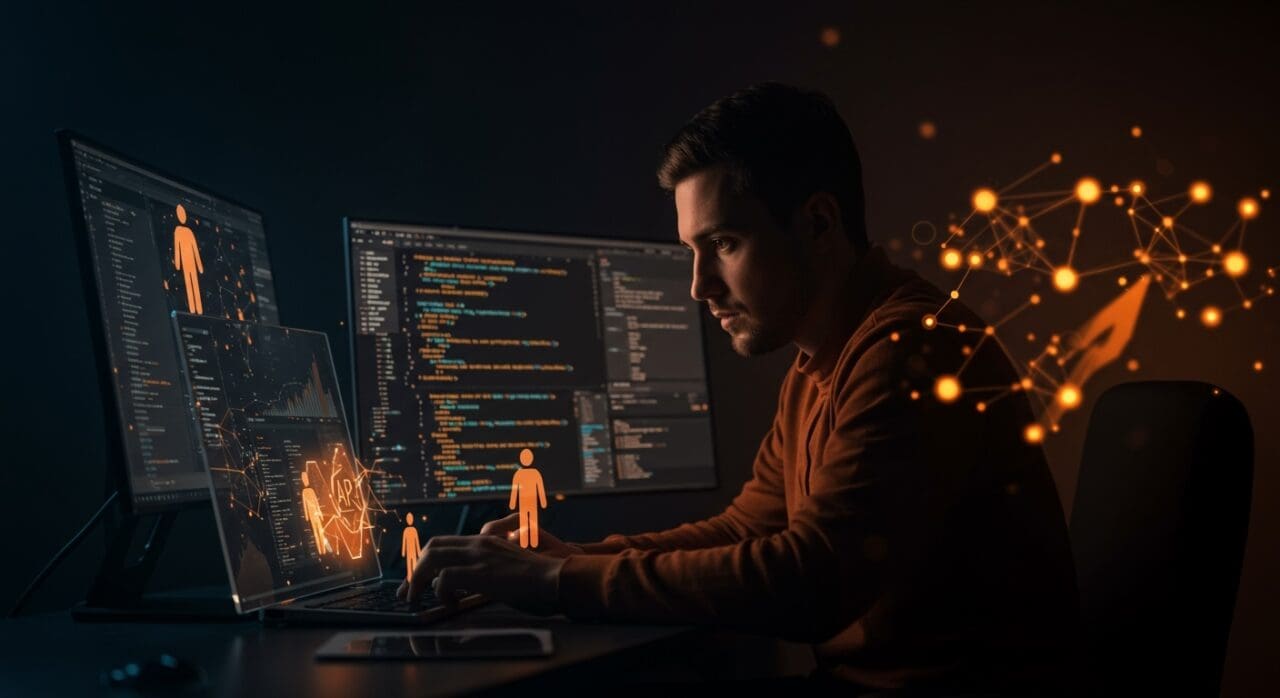 Desarrollador revisando código limpio asistido por agentes de IA, simbolizando la automatización y mejores prácticas en desarrollo ágil.