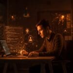 Fundador tecnológico rodeado de hologramas de código y agentes de IA, ilustrando la reducción del costo en desarrollo de software mediante IA aplicada.