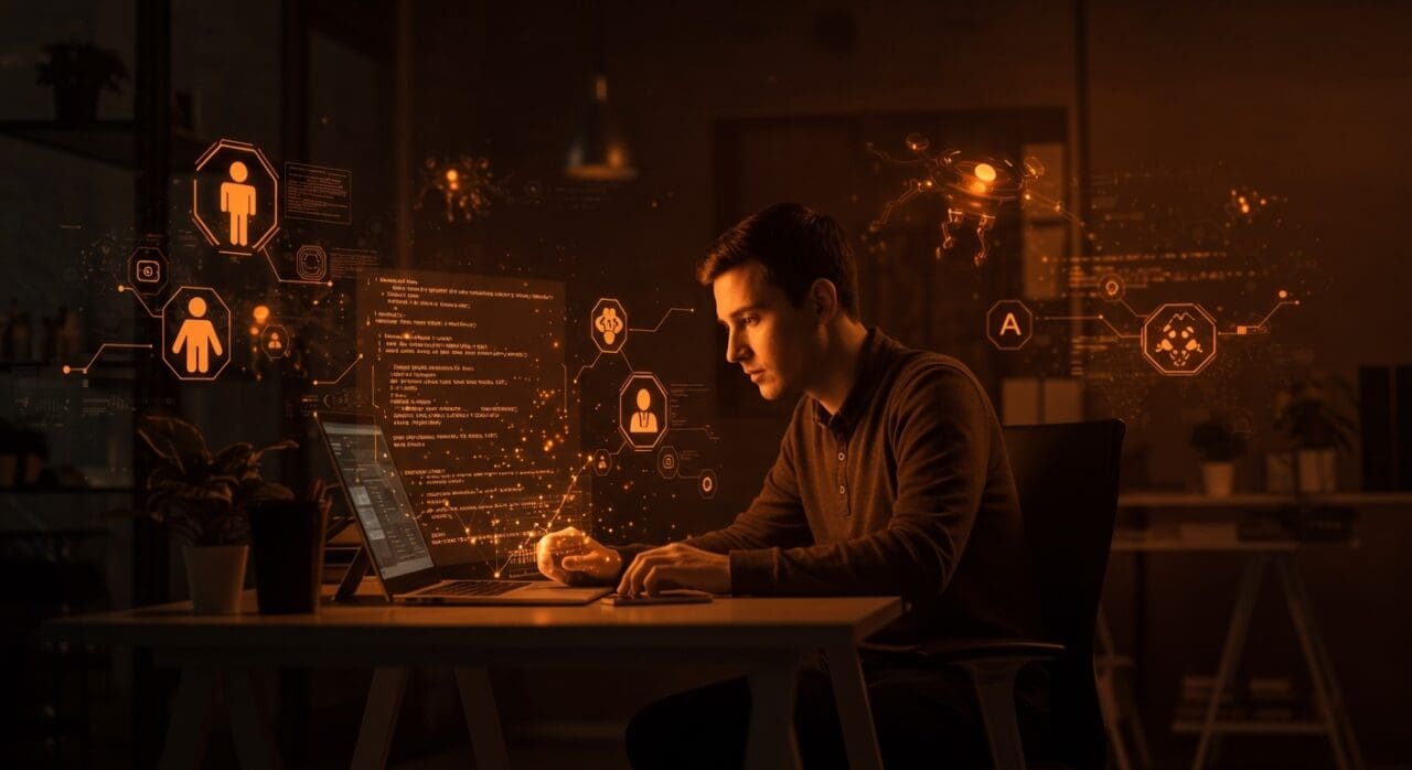 Fundador tecnológico rodeado de hologramas de código y agentes de IA, ilustrando la reducción del costo en desarrollo de software mediante IA aplicada.