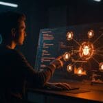 Detección automatizada de bugs con IA mejorando la calidad de código en startups tecnológicas con una interfaz digital futurista.