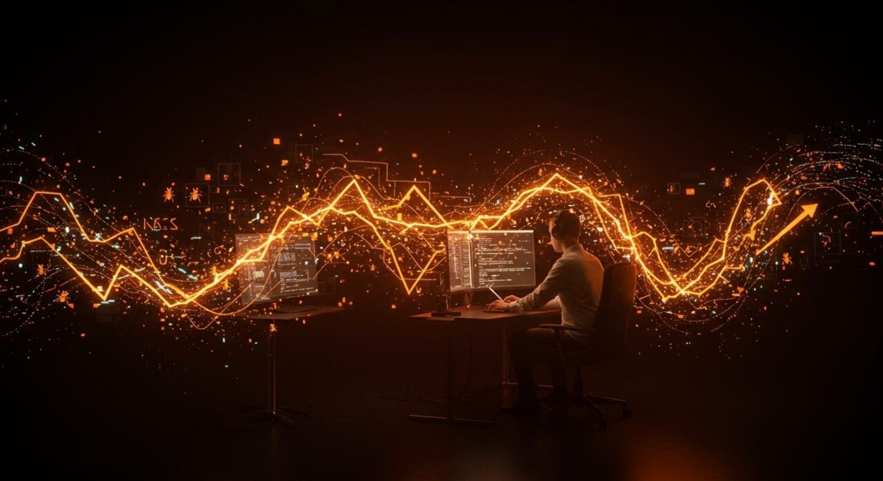 Escena futurista mostrando IA aplicada al software con balance entre rapidez y calidad, destacando aumento de errores en desarrollo automatizado.