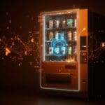 Máquina expendedora con interfaz AI mostrando pérdidas financieras y elementos visuales de automatización y experimentación tecnológica para startups.