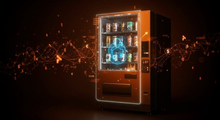 Máquina expendedora con interfaz AI mostrando pérdidas financieras y elementos visuales de automatización y experimentación tecnológica para startups.