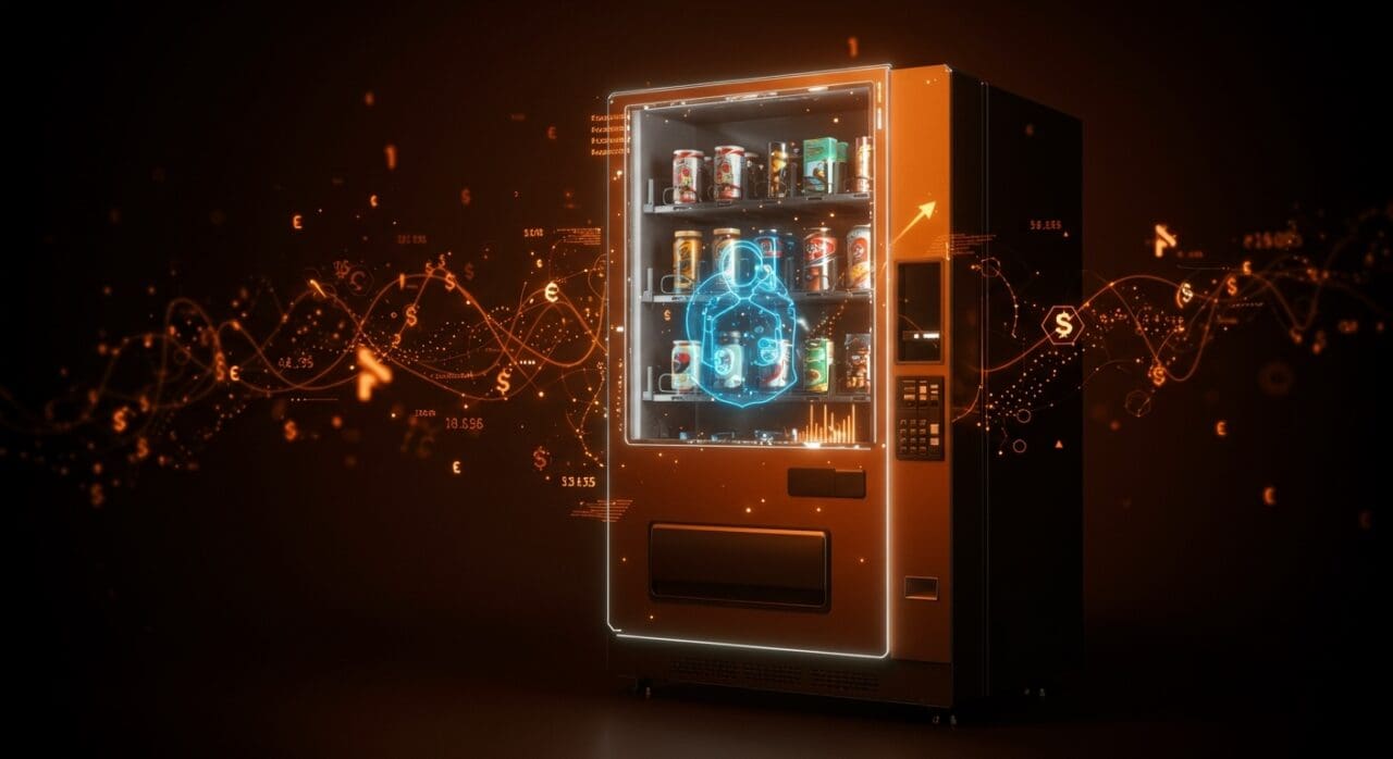 Máquina expendedora con interfaz AI mostrando pérdidas financieras y elementos visuales de automatización y experimentación tecnológica para startups.