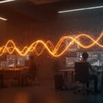 Colaboración de founders tecnológicos en entorno futurista mostrando tendencias de IA y mercado laboral para 2026.