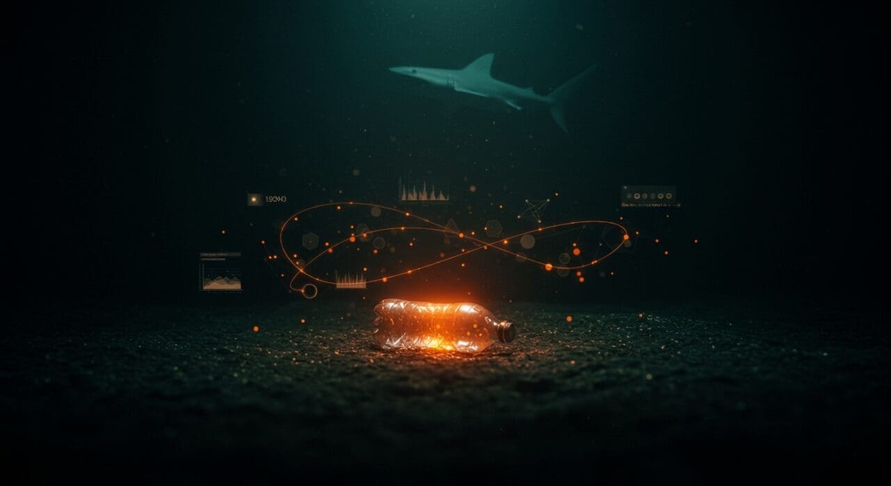 Botella plástica encontrada en la Fosa de las Marianas destacando el impacto ambiental y la innovación sostenible en tecnología y ciencia.