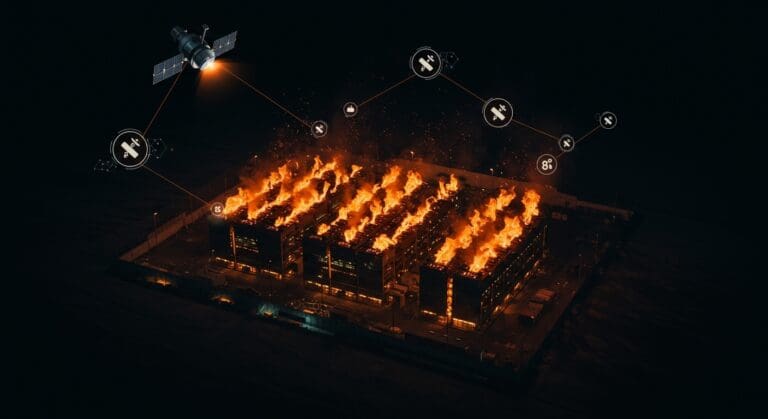 Centro de minería de criptomonedas con fugas de calor detectadas por satélites, ilustrando el impacto ambiental y la tecnología satelital en sostenibilidad.