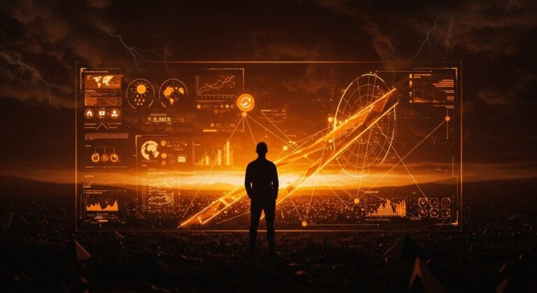 Innovación tecnológica y cambio climático representados por un científico frente a datos climáticos, destacando el impacto del cierre del NCAR en LATAM startups.