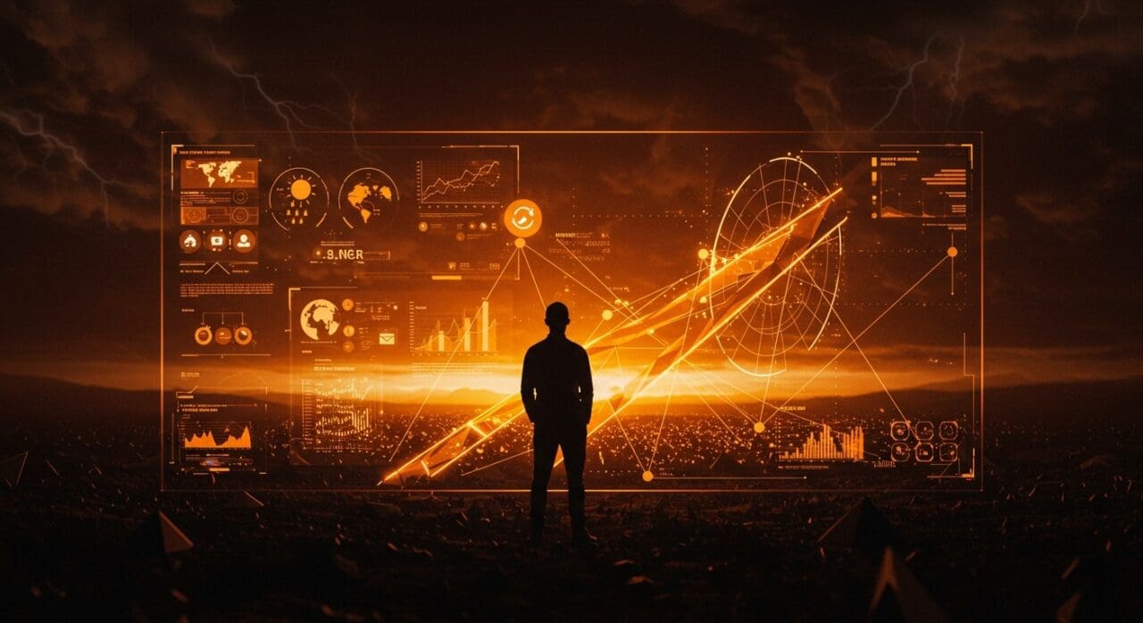 Innovación tecnológica y cambio climático representados por un científico frente a datos climáticos, destacando el impacto del cierre del NCAR en LATAM startups.