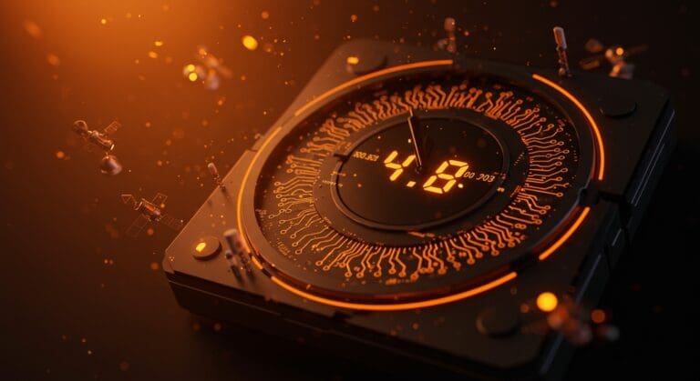Reloj atómico con circuitos digitales resaltados en naranja y negro mostrando impacto del time drift en infraestructura crítica y startups en EE.UU.