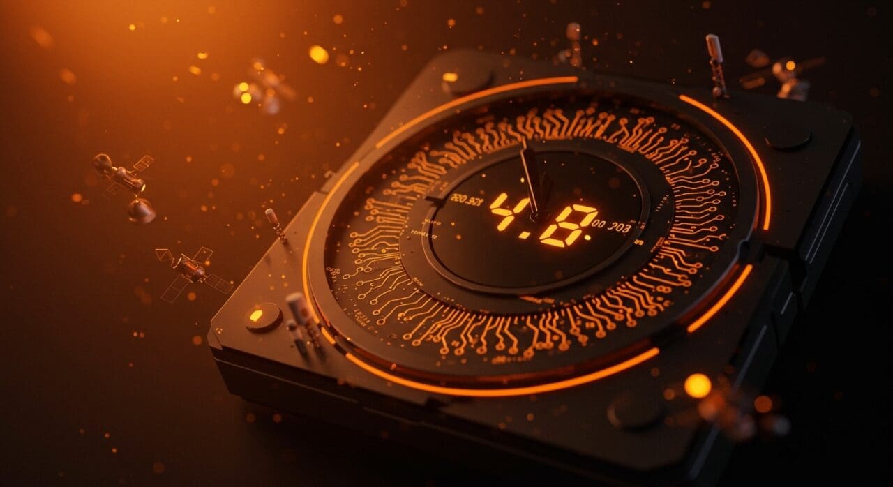 Reloj atómico con circuitos digitales resaltados en naranja y negro mostrando impacto del time drift en infraestructura crítica y startups en EE.UU.