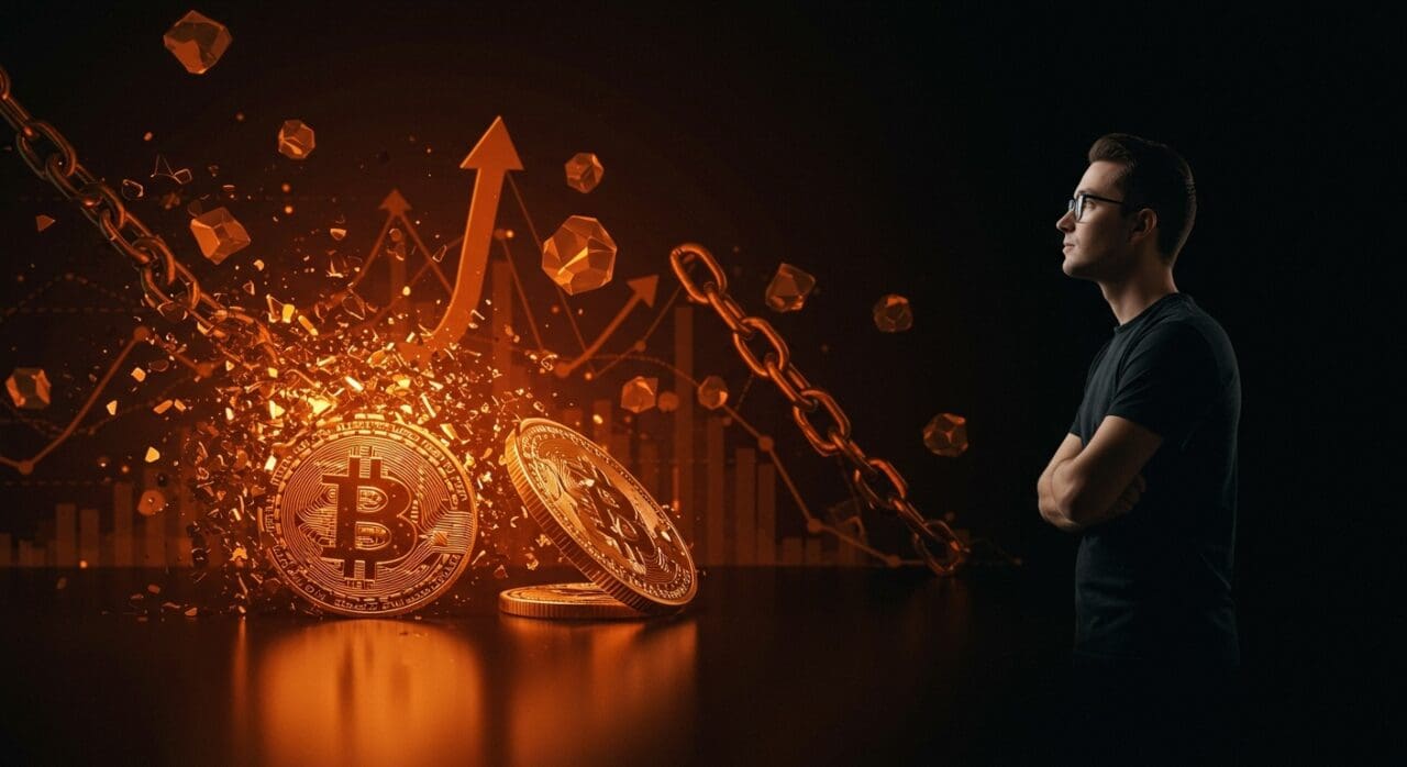 Impacto del desplome de criptomonedas en 2025 con fundador observando nuevas oportunidades económicas en el mercado financiero.