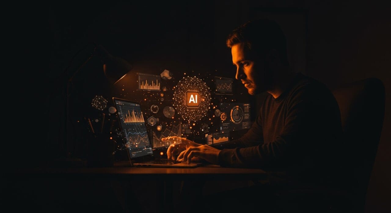 CTO analizando métricas de retorno de inversión en IA aplicada con visualizaciones digitales avanzadas en paleta ecosistema startup.