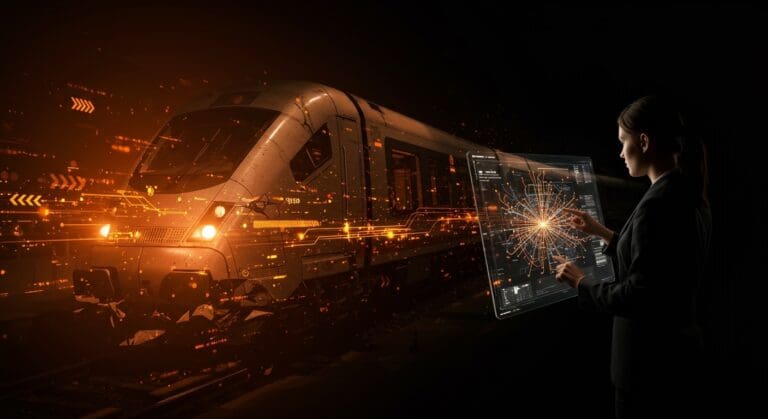 Infraestructura y gestión pública en transporte ferroviario alemán con metáforas de innovación y eficiencia operativa inspiradas en Deutsche Bahn.