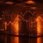 CEO de IBM frente a data centers futuristas iluminados en naranja y negro, simbolizando inversiones en infraestructura para IA.