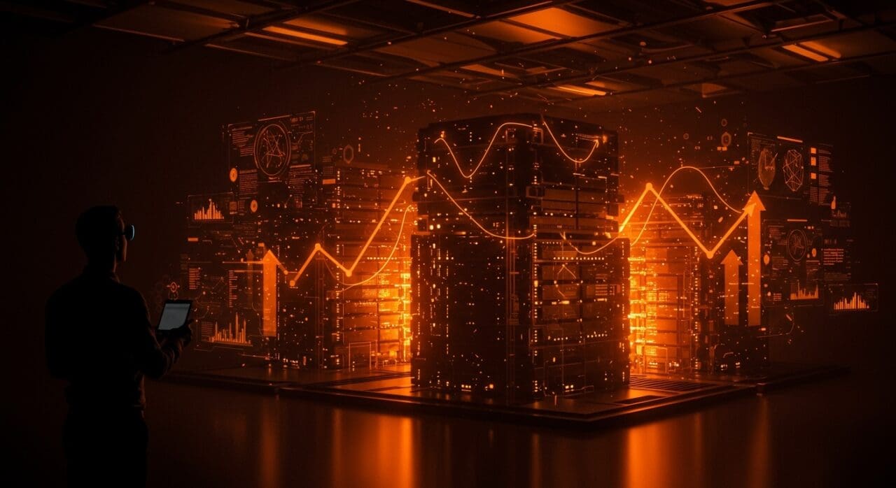 CEO de IBM frente a data centers futuristas iluminados en naranja y negro, simbolizando inversiones en infraestructura para IA.