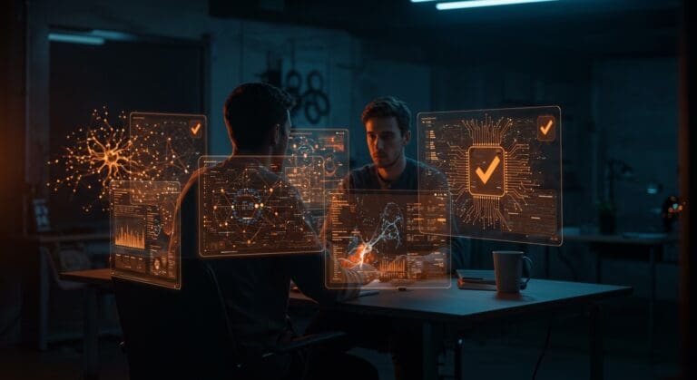 Founder tech revisando sistemas de verificación de IA aplicada para ingeniería confiable en startups de tecnología.