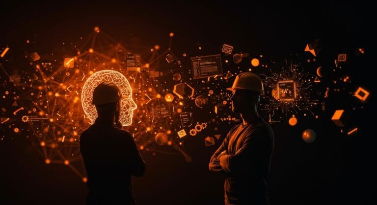 Ingeniero rechazando la inteligencia artificial con metáforas visuales de programación, productividad e innovación tecnológica en ingeniería de software.