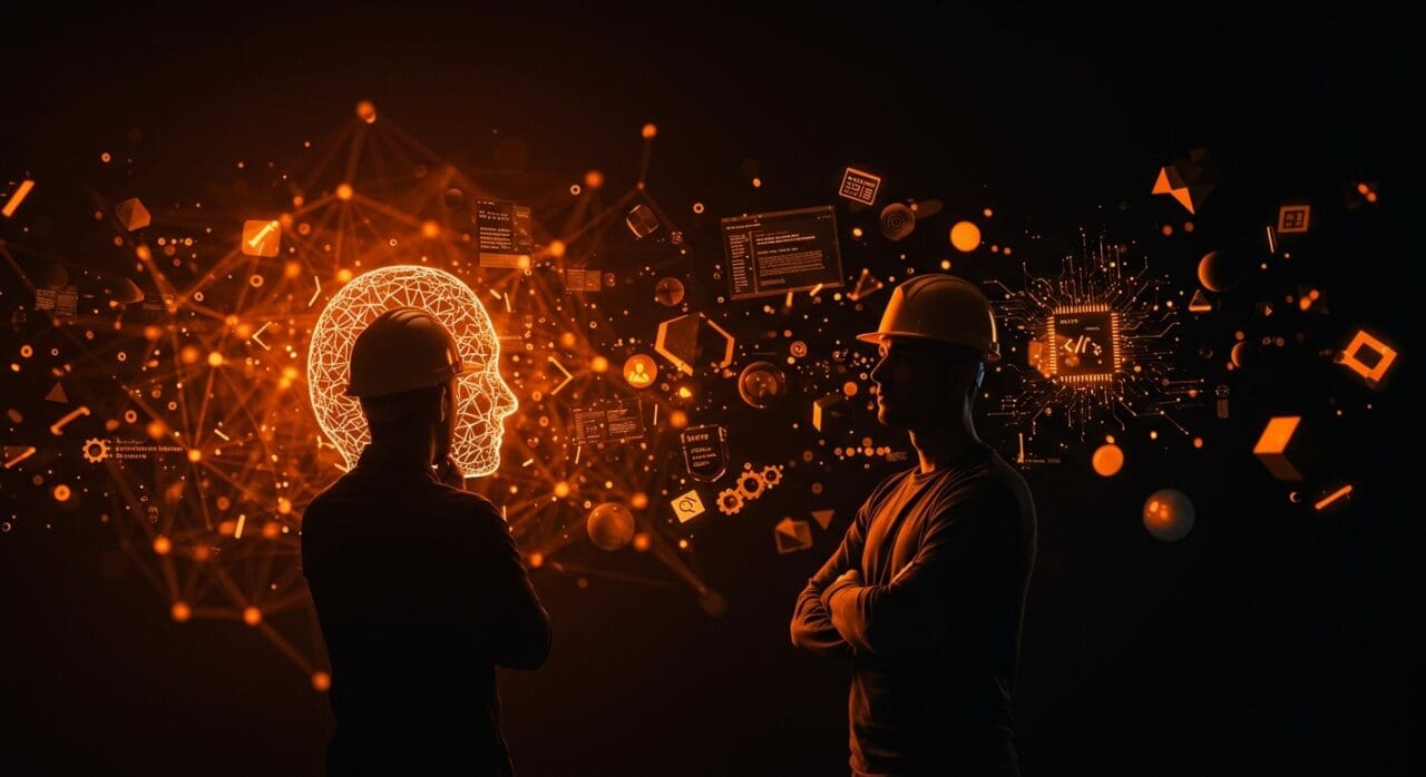 Ingeniero rechazando la inteligencia artificial con metáforas visuales de programación, productividad e innovación tecnológica en ingeniería de software.