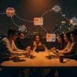 Fundadores de startups tecnológicos colaborando con símbolos de visas y comunidades migratorias, destacando estrategias legales para emprender en EE. UU.