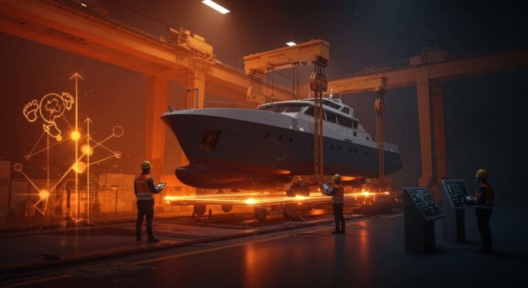 Plataforma eléctrica innovadora en izado de buques mostrando ingeniería española sostenible en el sector naval y tecnología startup.