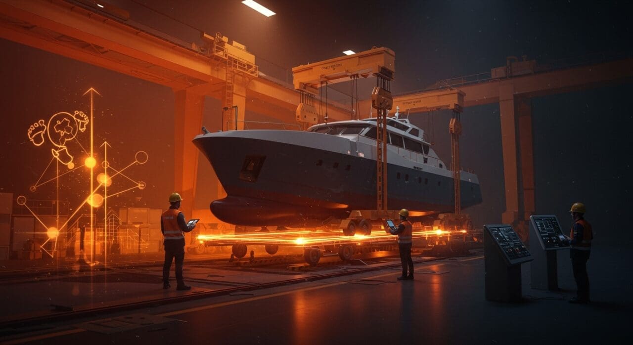 Plataforma eléctrica innovadora en izado de buques mostrando ingeniería española sostenible en el sector naval y tecnología startup.