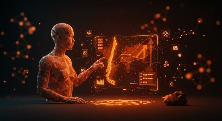 Innovación tecnológica en la minería chilena representada por un holograma digital con símbolos de startups y desafíos sectoriales.