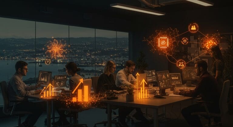 Emprendedores colaborando en Valparaíso con interfaces digitales que representan la innovación tecnológica y el apoyo a pymes mediante inteligencia artificial e inversión conjunta.