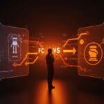 Innovación y regulación tecnológica representadas por un emprendedor entre hologramas de robots y símbolos legales, ilustrando el caso iRobot, FTC y Amazon para startups.