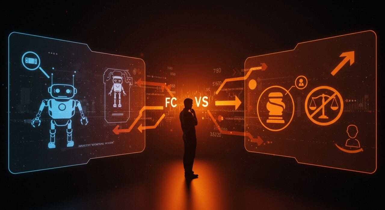 Innovación y regulación tecnológica representadas por un emprendedor entre hologramas de robots y símbolos legales, ilustrando el caso iRobot, FTC y Amazon para startups.