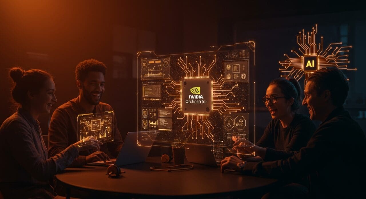 Equipo de startups tech utilizando modelos IA modulares y automatización con Nvidia Orchestrator en fondo naranja y negro.