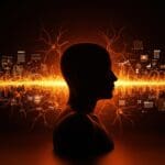 Inteligencia artificial analizando experiencias cercanas a la muerte con tecnologías inmersivas y narrativas automatizadas en un entorno digital futurista.