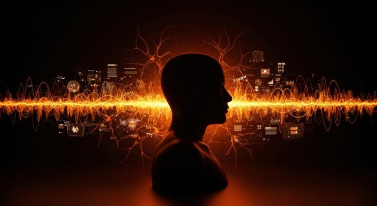 Inteligencia artificial analizando experiencias cercanas a la muerte con tecnologías inmersivas y narrativas automatizadas en un entorno digital futurista.