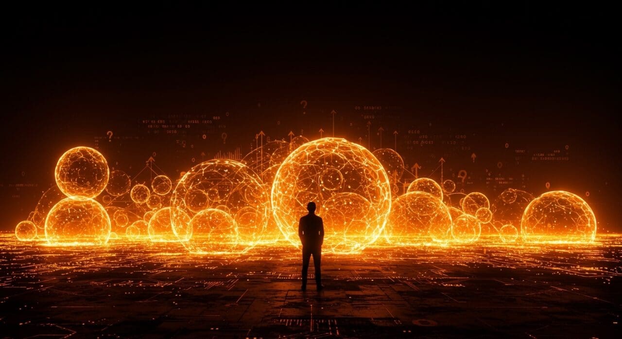 Silueta de fundador contemplando redes neuronales de inteligencia artificial representando riesgos y oportunidades en burbujas financieras del ecosistema startup.