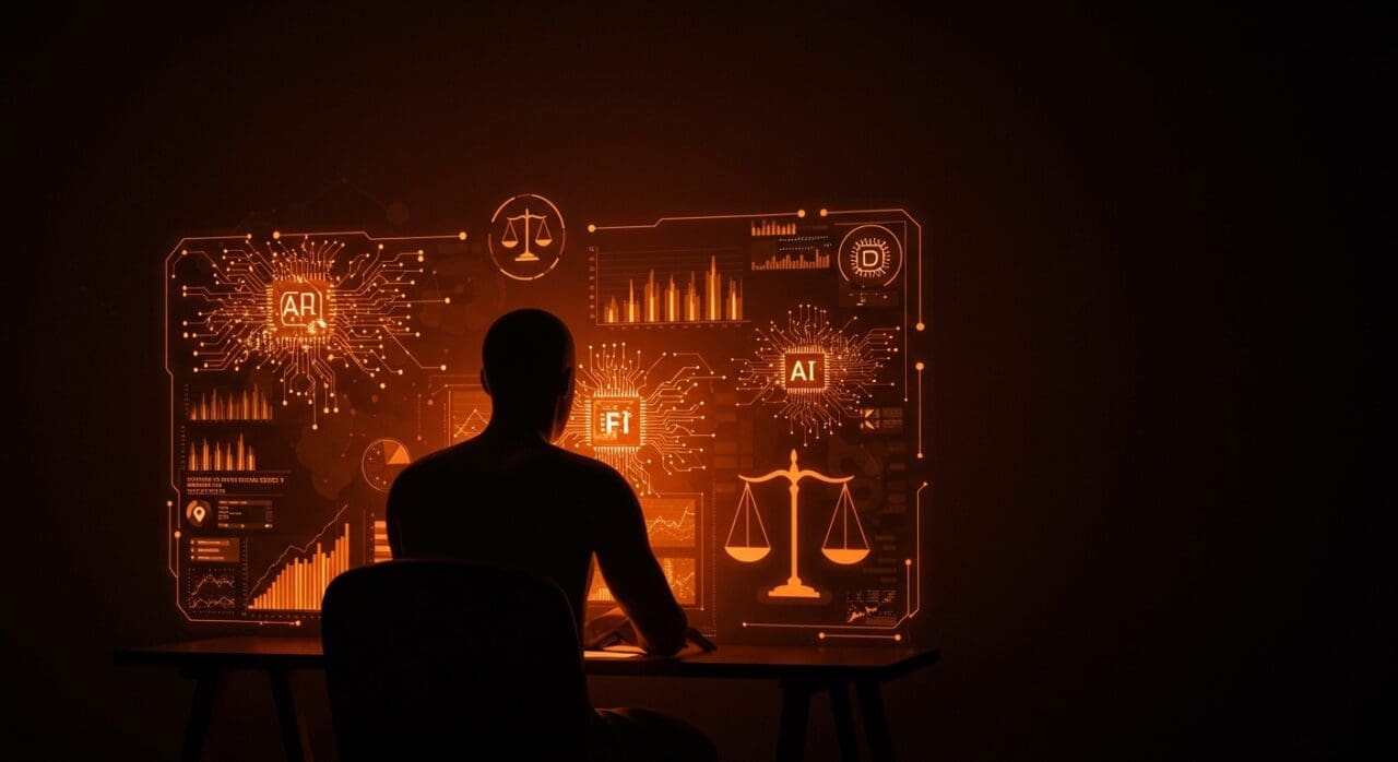 Silhouette contemplativa ante interfaz digital que representa inteligencia artificial, gobernanza y democracia digital en tecnología para startups latinas.