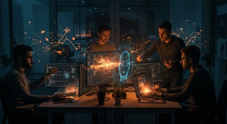 Equipo de ingenieros colaborando con inteligencia artificial y Claude Code en Anthropic, transformando la productividad y roles en startups tecnológicas.