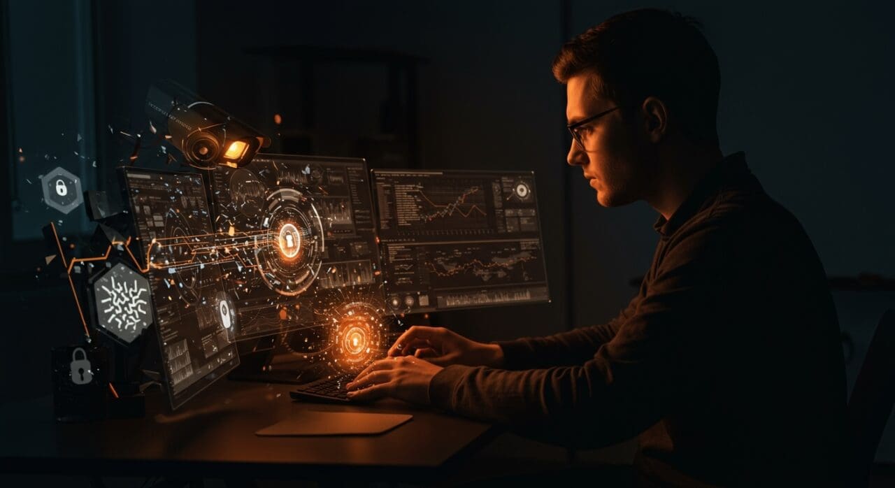 Fundador de startup analizando datos en tiempo real, reflejando riesgos de ciberseguridad y vigilancia digital en LATAM.