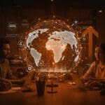 Fundadores de startups latinas trabajando en red global, simbolizando la internacionalización, innovación y calidad artesanal en el emprendimiento tecnológico.